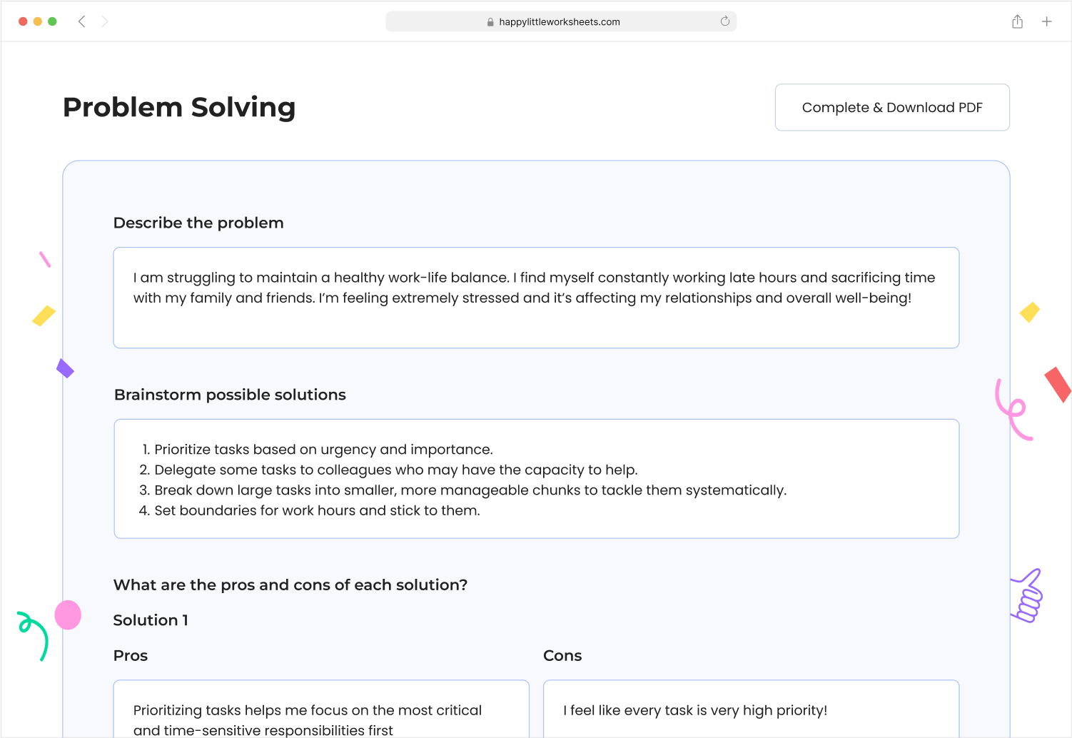 Problem solving worksheet example UI